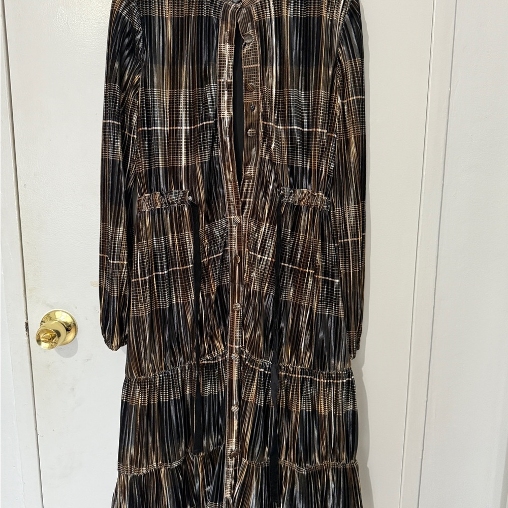 Mauve Black and Brown Plaid Long Sleeve Dress